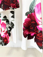 Platlogy Elegant Big Rose Print White Two Piece Women Suit Blazer and Long Pants Set for Formal Business Party Occasions
