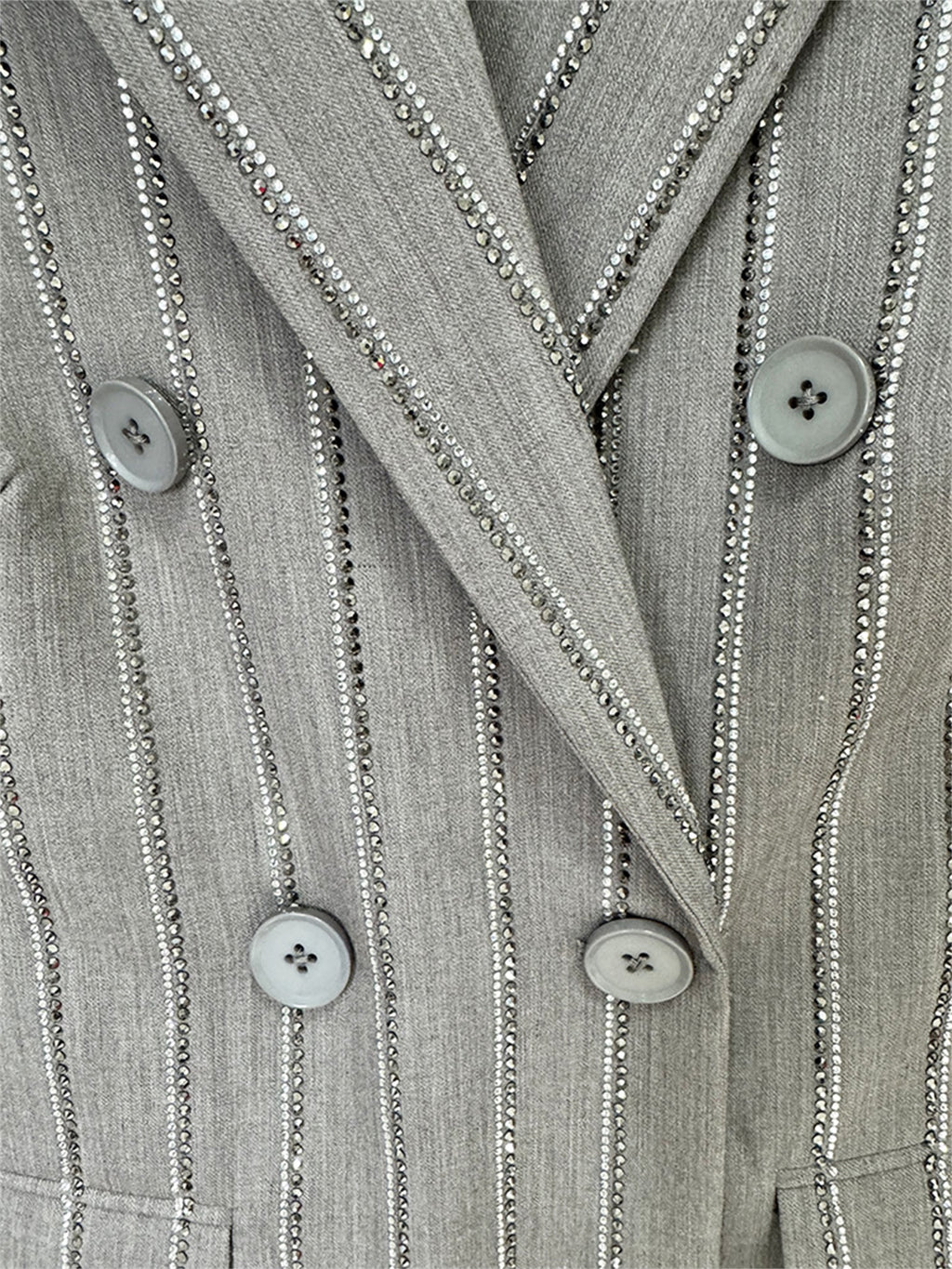 Platlogy Grey Rhinestone Stripe Double Breasted Blazer Pants Set Elegant Women Business Two Piece Suit for Work Party Daily Wear