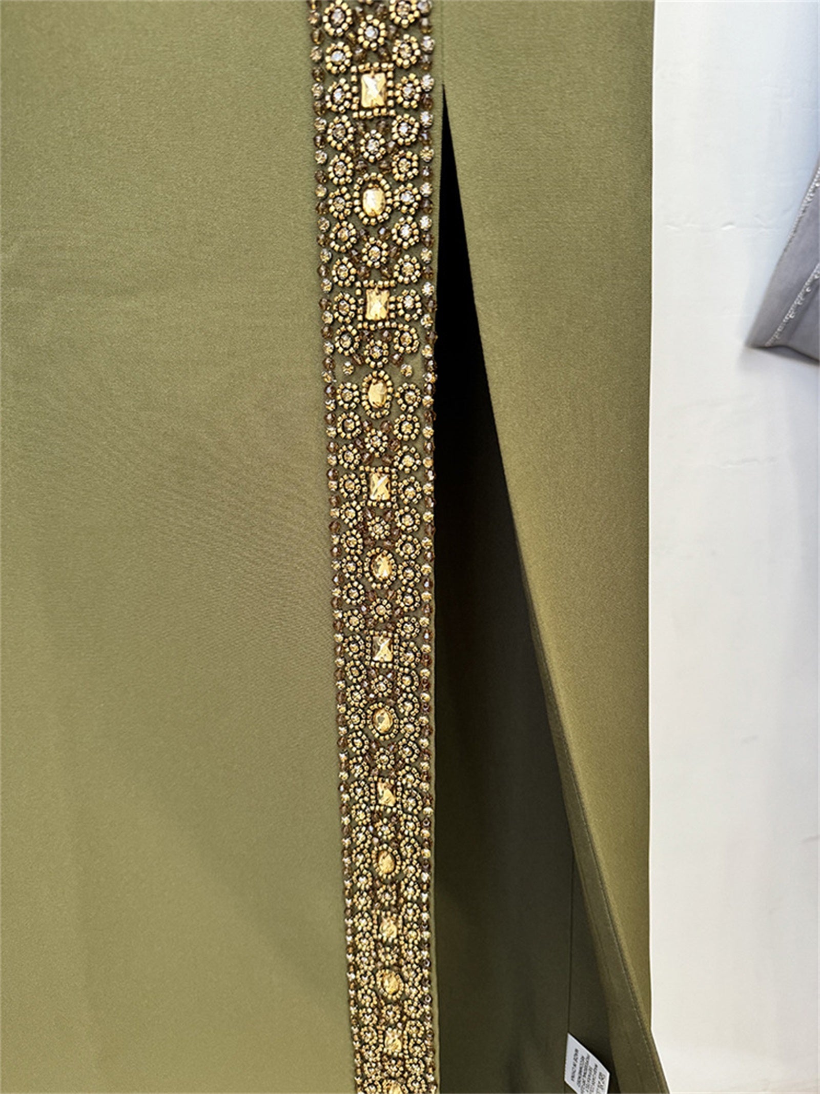 Platlogy Olive Green Handmade Beaded Halter Crop Top Split Long Skirt Two Piece Formal Party Set