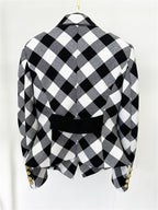 Platlogy Women Stylish Diamond Plaid Gold Button Tailored Blazer Elegant Office Casual Outerwear