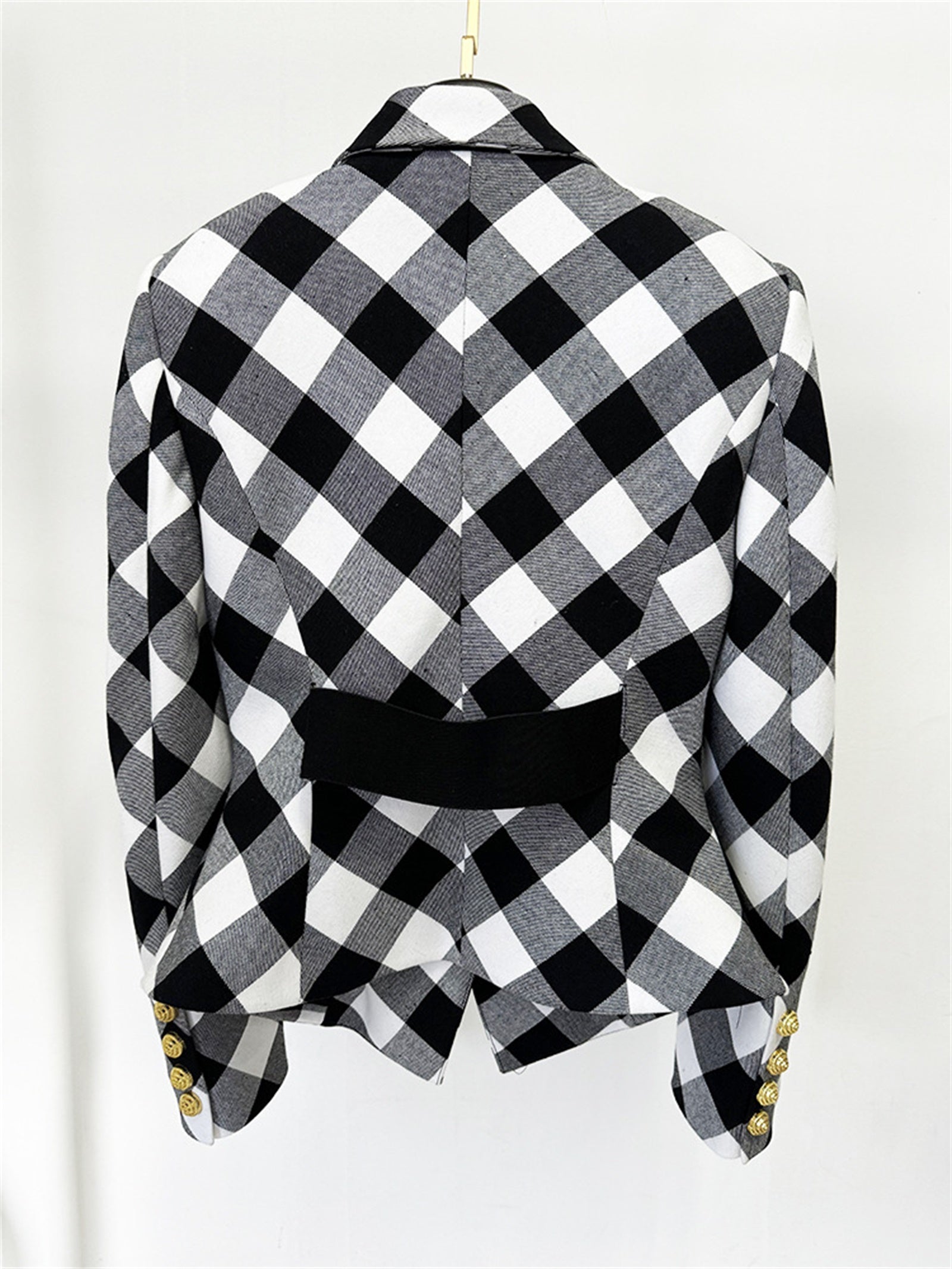 Platlogy Women Stylish Diamond Plaid Gold Button Tailored Blazer Elegant Office Casual Outerwear