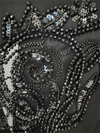 Platlogy Elegant Rhinestone Cutout Back Blazer Sheer Mesh Wide Leg Pants Formal Two Piece Women Suit