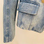 Platlogy Vintage Washed Denim Blazer Women Double Breasted Gold Button Slim Fit Lapel Jean Jacket Casual Business Outerwear