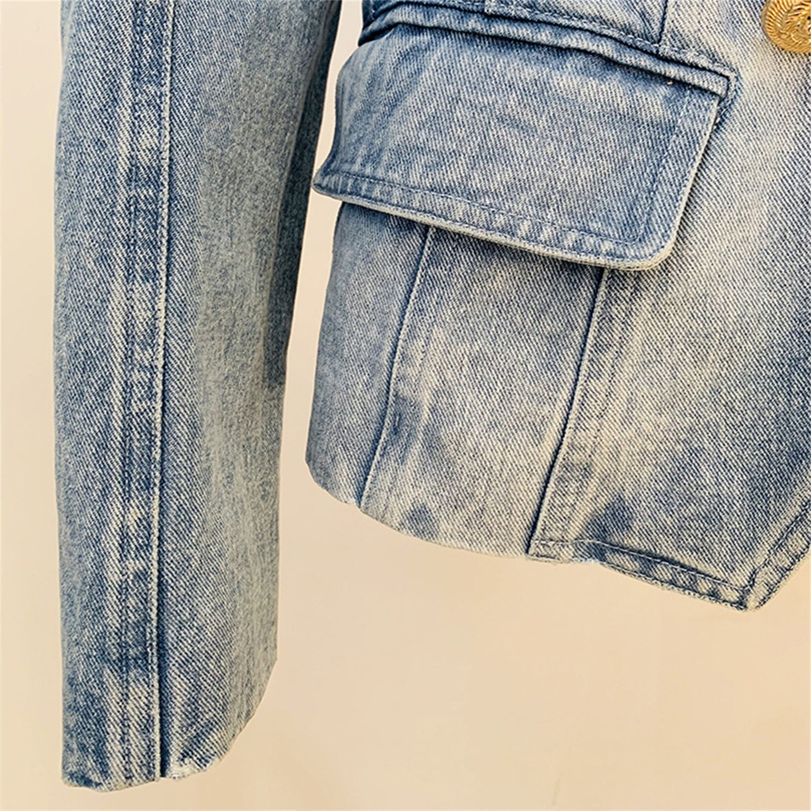 Platlogy Vintage Washed Denim Blazer Women Double Breasted Gold Button Slim Fit Lapel Jean Jacket Casual Business Outerwear