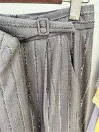 Platlogy Grey Rhinestone Stripe Double Breasted Blazer Pants Set Elegant Women Business Two Piece Suit for Work Party Daily Wear