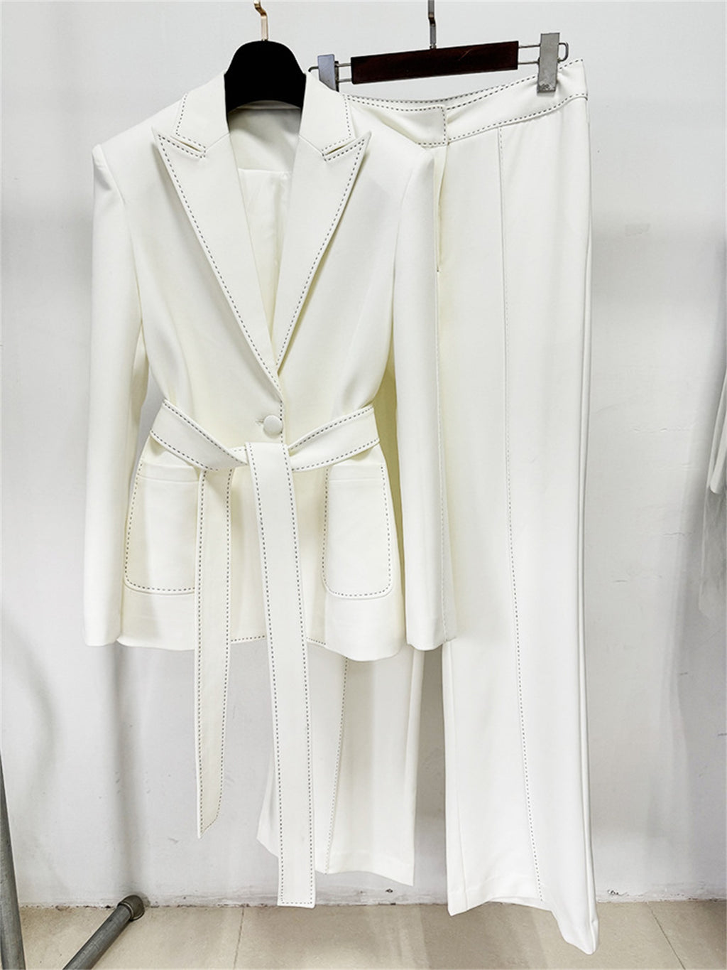 Platlogy Elegant White Belted Blazer Pants Set Stitched Detail Formal Business Two Piece Outfit For Women