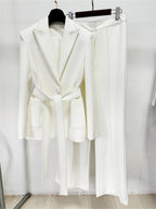 Platlogy Elegant White Belted Blazer Pants Set Stitched Detail Formal Business Two Piece Outfit For Women