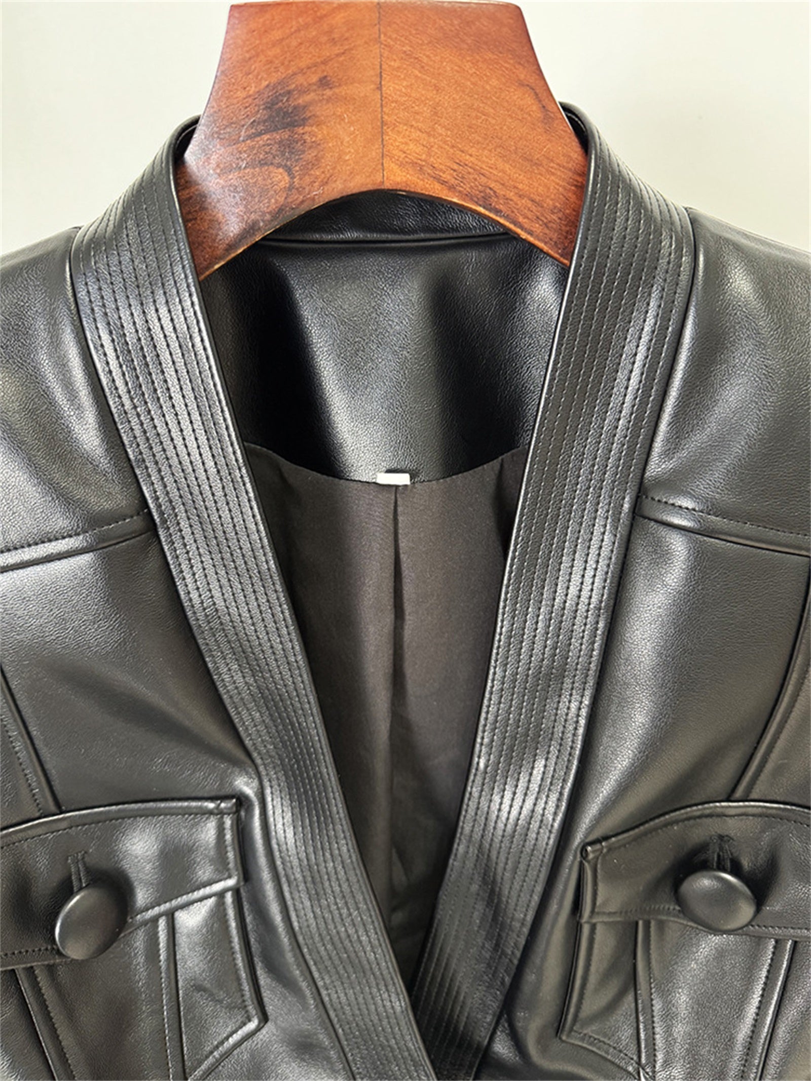 Platlogy Women Slim Fit Belted Leather Blazer Jacket Elegant V Neck Pocket Design Moto Coat for Daily Office Wear