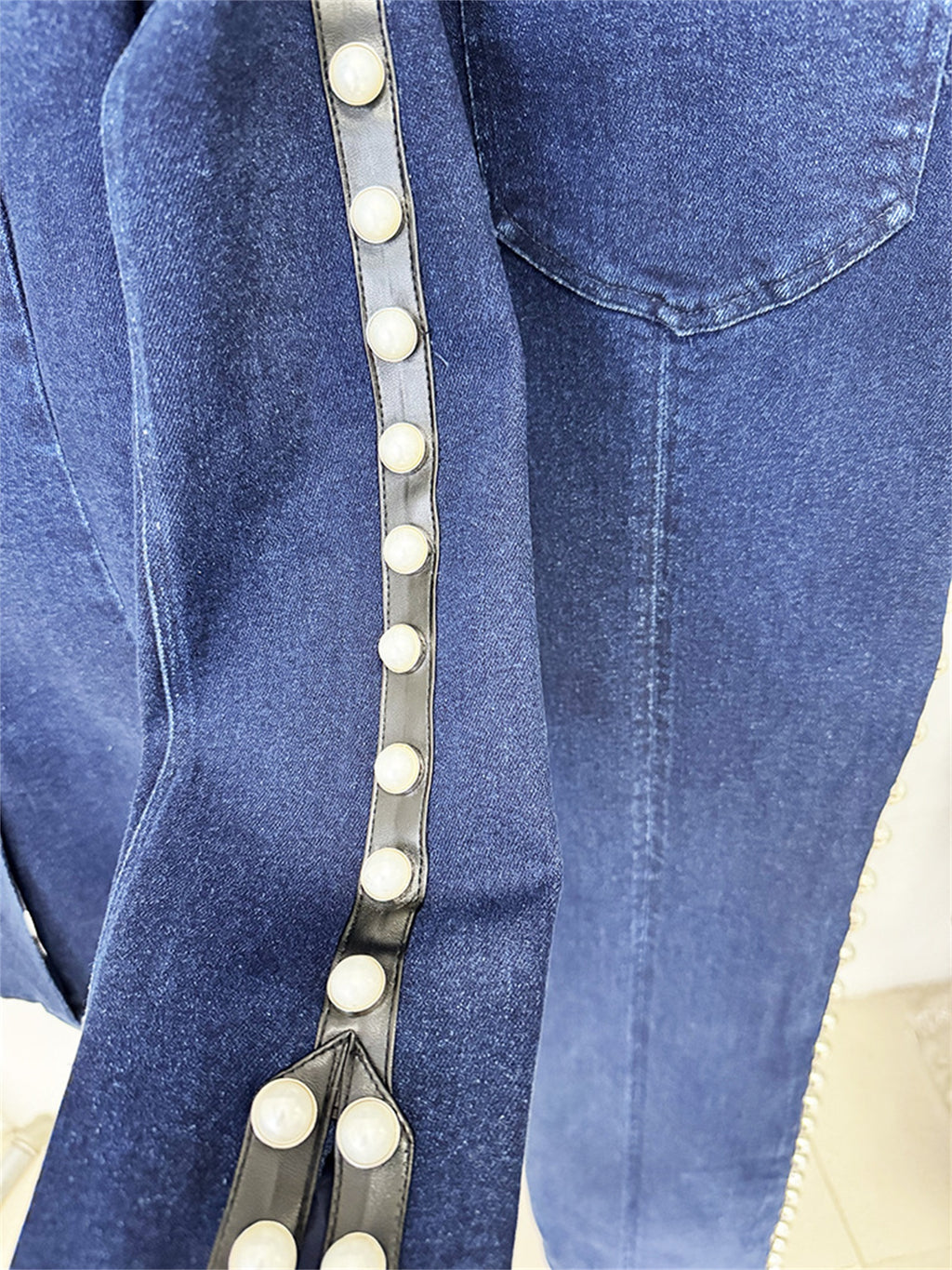 Platlogy Women Pearl Embellished Denim Blazer And Straight Pants Two Piece Suit Formal Casual Matching Outfit
