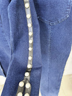 Platlogy Women Pearl Embellished Denim Blazer And Straight Pants Two Piece Suit Formal Casual Matching Outfit