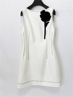 Platlogy White Sleeveless Mini Dress With Black Floral Applique Elegant Work Party Sheath Dress