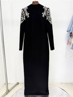 Platlogy Luxury Rhinestone Embellished Lapel Long Sleeve Maxi Dress Elegant Black Formal Evening Bodycon Dress