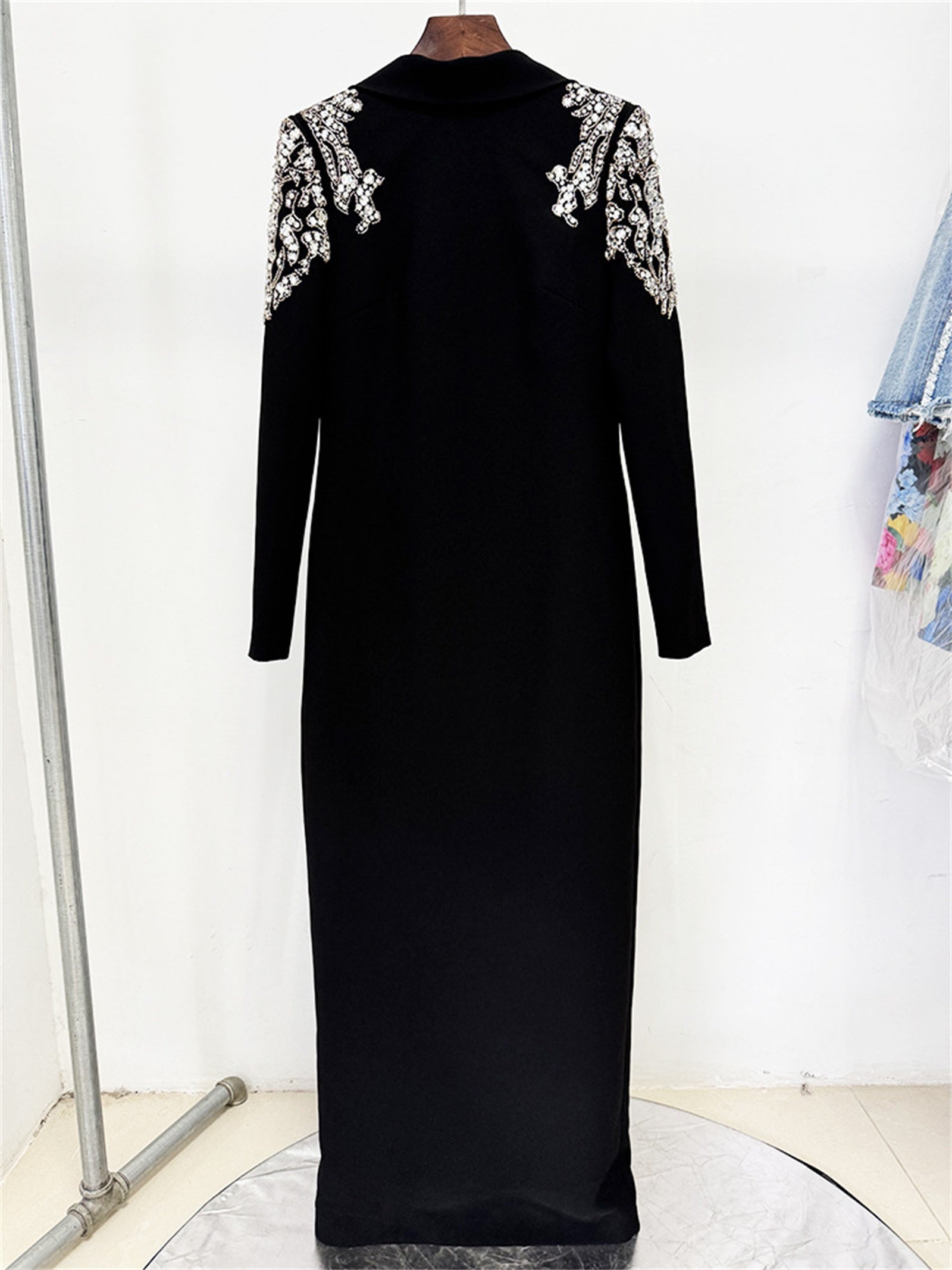 Platlogy Luxury Rhinestone Embellished Lapel Long Sleeve Maxi Dress Elegant Black Formal Evening Bodycon Dress