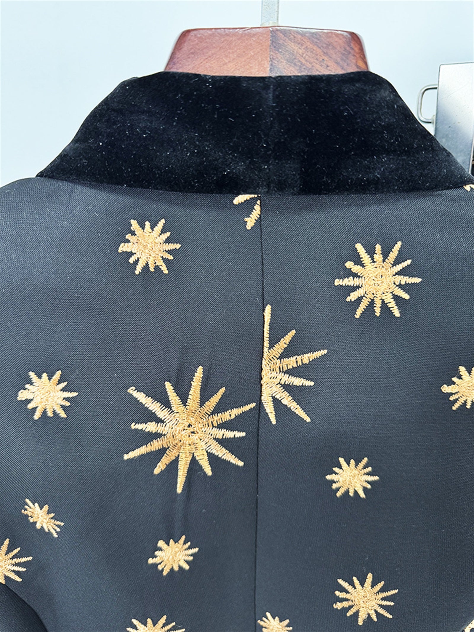 Platlogy Black Golden Star Embroidery Feather Cuff Blazer Flared Pants Two Piece Formal Suit For Women Luxury Evening Party Matching Outfit