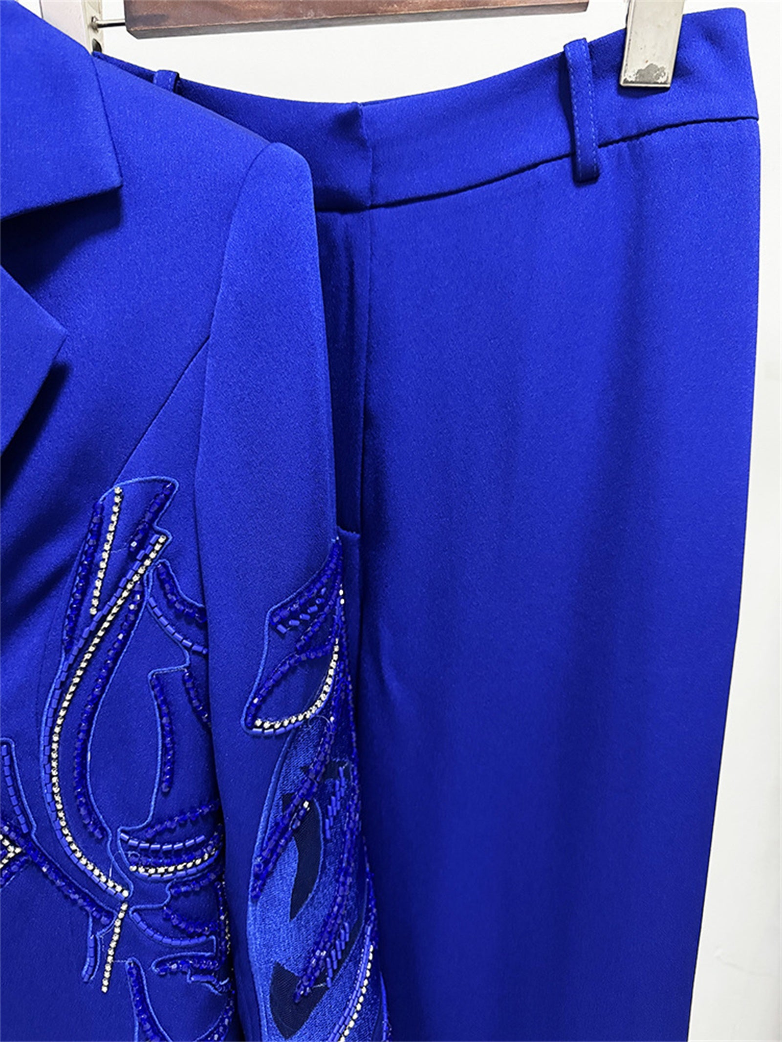 Platlogy Royal Blue Hand Beaded Blazer Wide Leg Pants Two Piece Formal Suit For Women Elegant Business Party Matching Outfit
