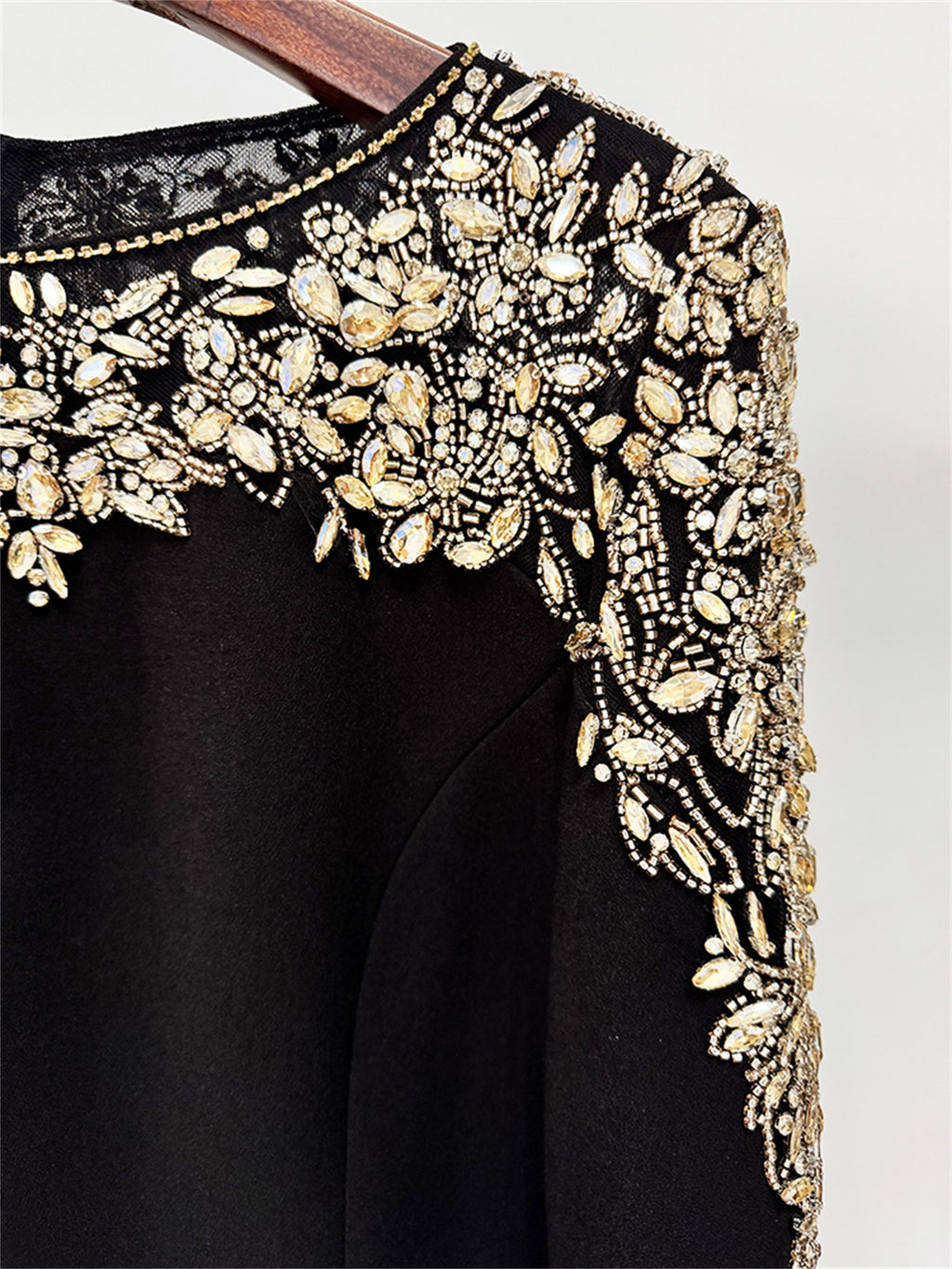 Platlogy Luxury Red Long Sleeve Midi Evening Dress Rhinestone Embellished Formal Party Wedding Guest Dress