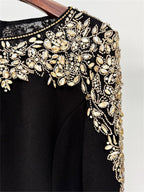 Platlogy Luxury Red Long Sleeve Midi Evening Dress Rhinestone Embellished Formal Party Wedding Guest Dress