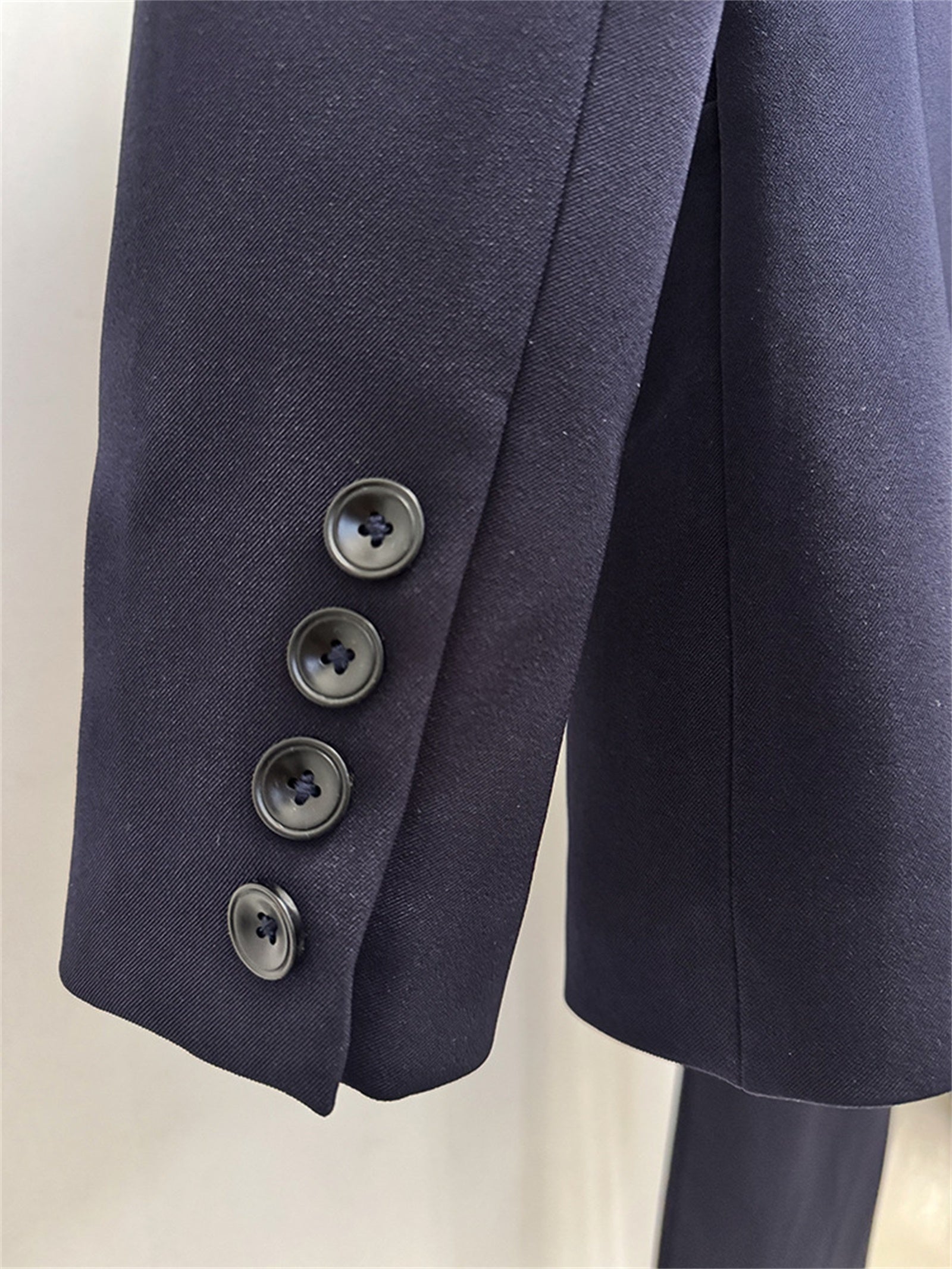 Platlogy Women Navy Ruffled Mesh Patchwork Blazer Pants Set Elegant Formal 2 Piece Suit for Work Party