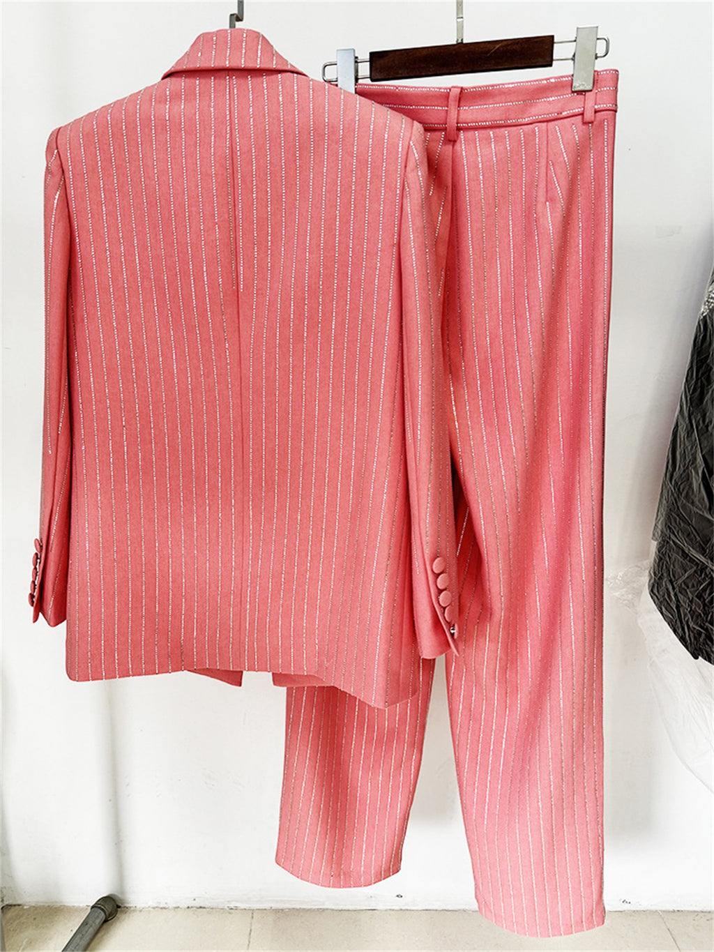 Platlogy Sparkle Vertical Stripe Women Two Piece Blazer And Trouser Suit Formal Business Office Outfit