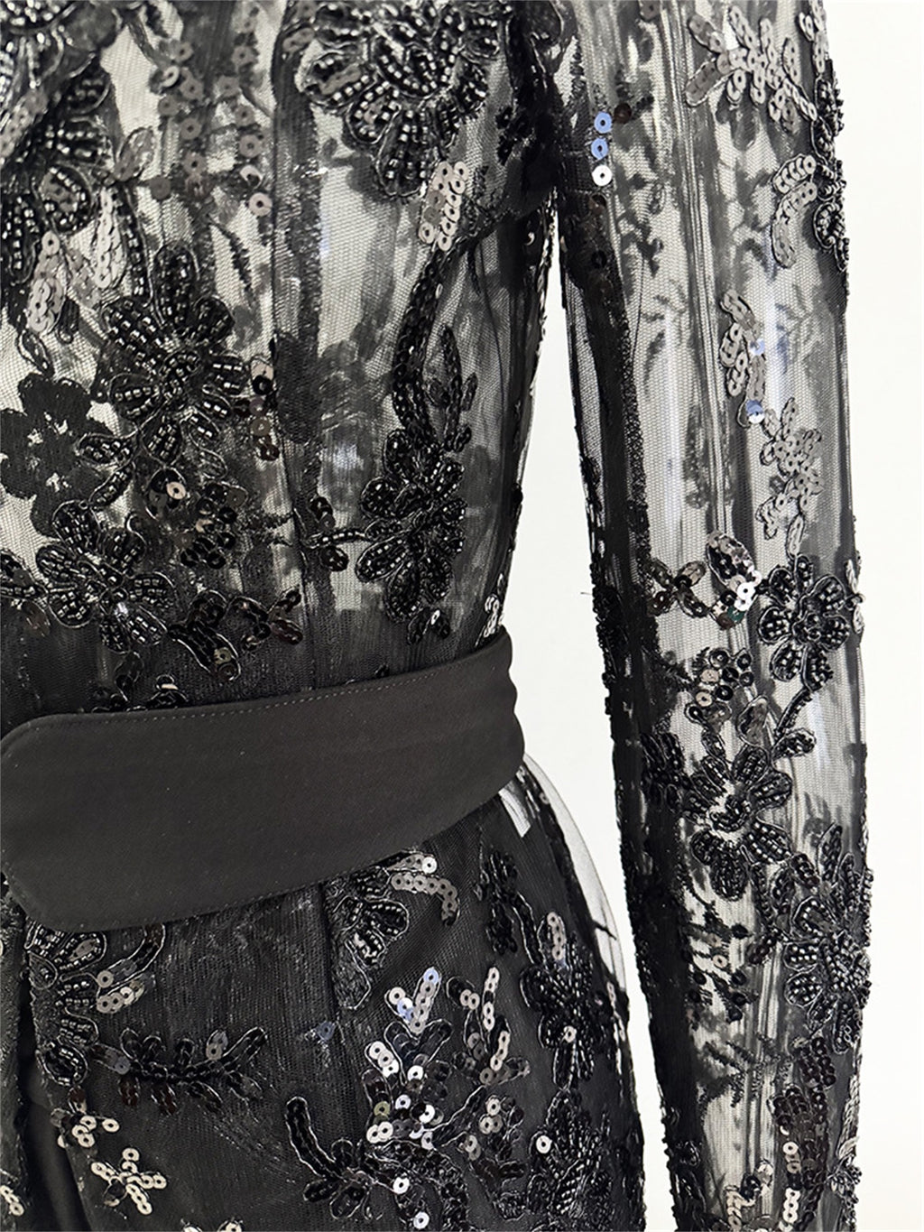 Platlogy Black Sequin Lace Blazer Straight Trouser 2 Piece Set Elegant Formal Women Pant Suit for Evening Party Business Occasions