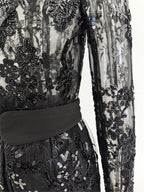Platlogy Black Sequin Lace Blazer Straight Trouser 2 Piece Set Elegant Formal Women Pant Suit for Evening Party Business Occasions