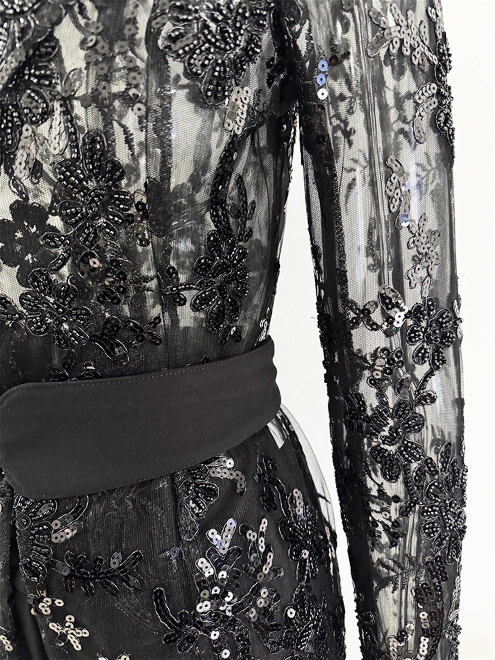 Platlogy Black Sequin Lace Blazer Straight Trouser 2 Piece Set Elegant Formal Women Pant Suit for Evening Party Business Occasions