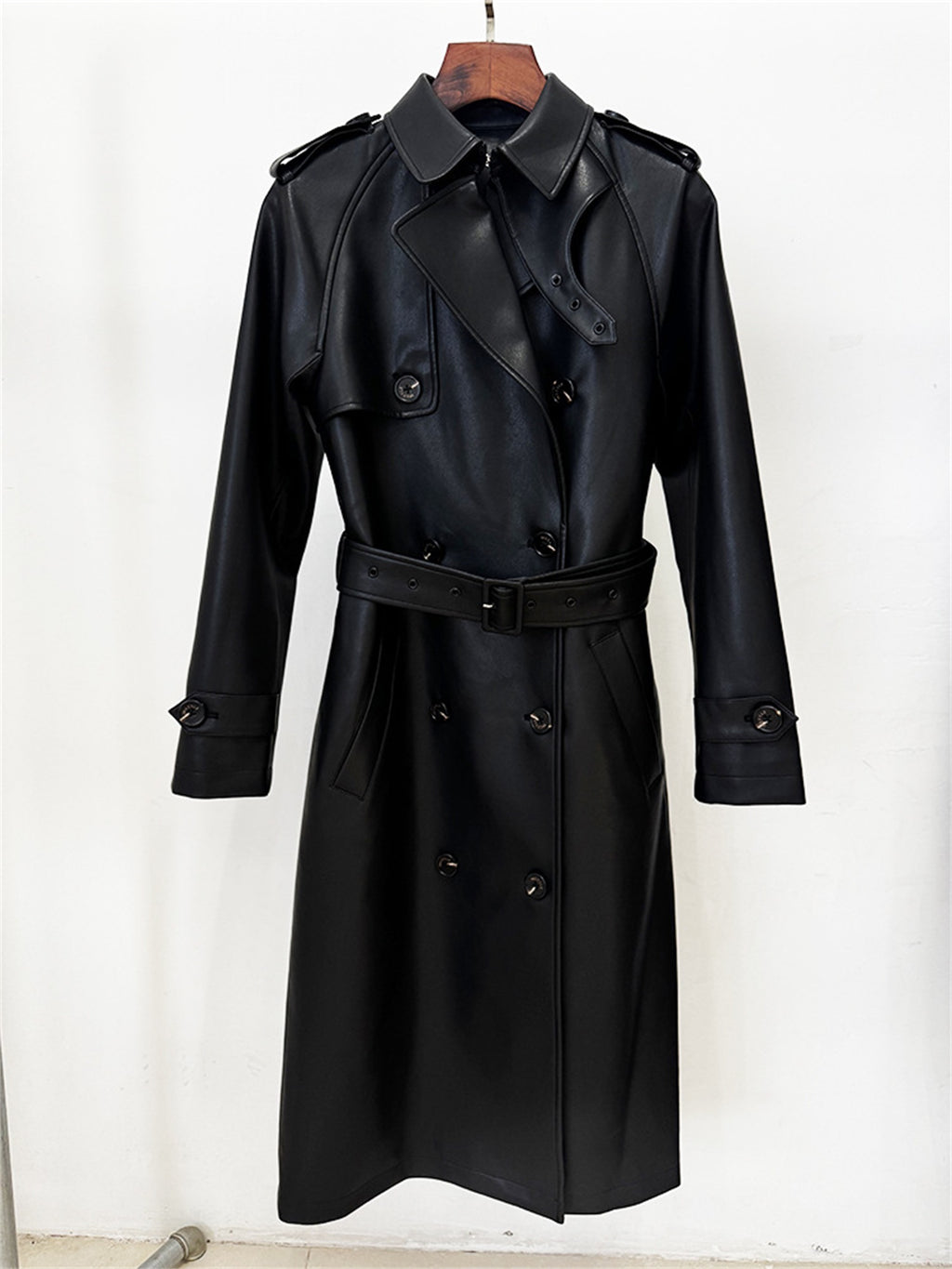 Platlogy Emerald Green Double Breasted Belted Long Leather Trench Coat For Women Elegant Fall Winter Outerwear