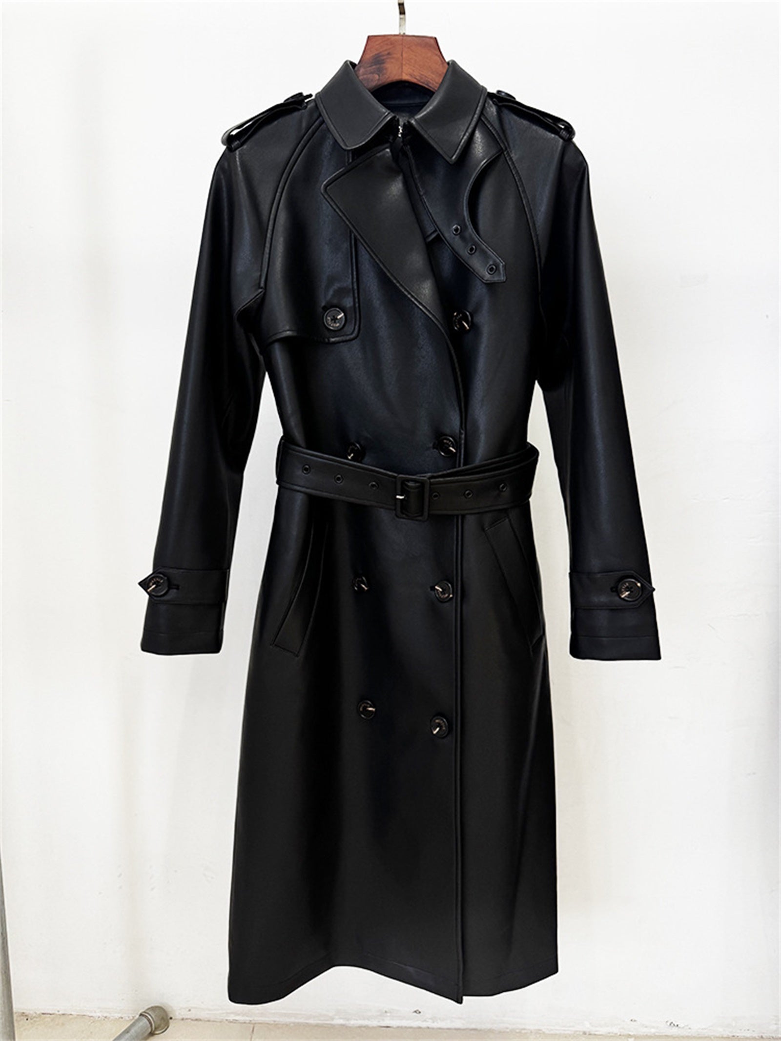 Platlogy Emerald Green Double Breasted Belted Long Leather Trench Coat For Women Elegant Fall Winter Outerwear