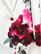Platlogy Elegant Big Rose Print White Two Piece Women Suit Blazer and Long Pants Set for Formal Business Party Occasions