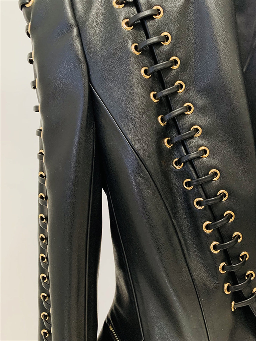 Platlogy Black Lace Up Detailed Fitted Leather Blazer Women Cropped Long Sleeve Formal Party Leather Jacket