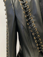 Platlogy Black Lace Up Detailed Fitted Leather Blazer Women Cropped Long Sleeve Formal Party Leather Jacket