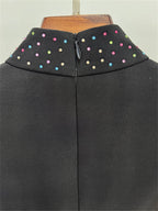 Platlogy Black Stand Collar Long Sleeve Mini Dress Heavy Star Rhinestone Embellished Elegant Party Cocktail Dress