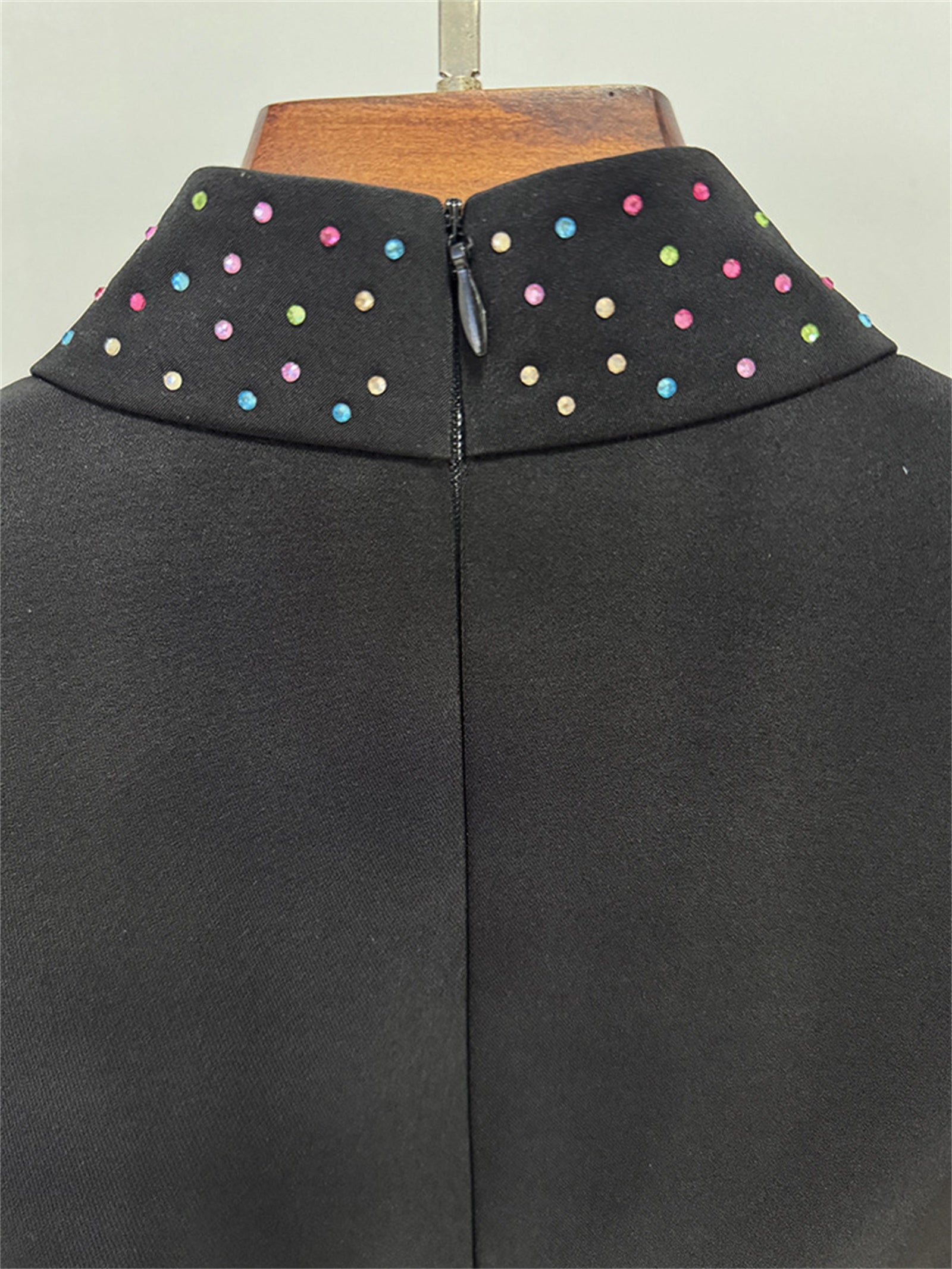 Platlogy Black Stand Collar Long Sleeve Mini Dress Heavy Star Rhinestone Embellished Elegant Party Cocktail Dress