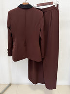 Platlogy Elegant Floral Decor Lapel Blazer Wide Leg Pant Two Piece Women Suit Set