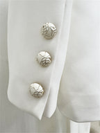 Platlogy Elegant Belt Buckle Blazer And Flared Trouser Two Piece Women Formal Suit Set For Office Business Events