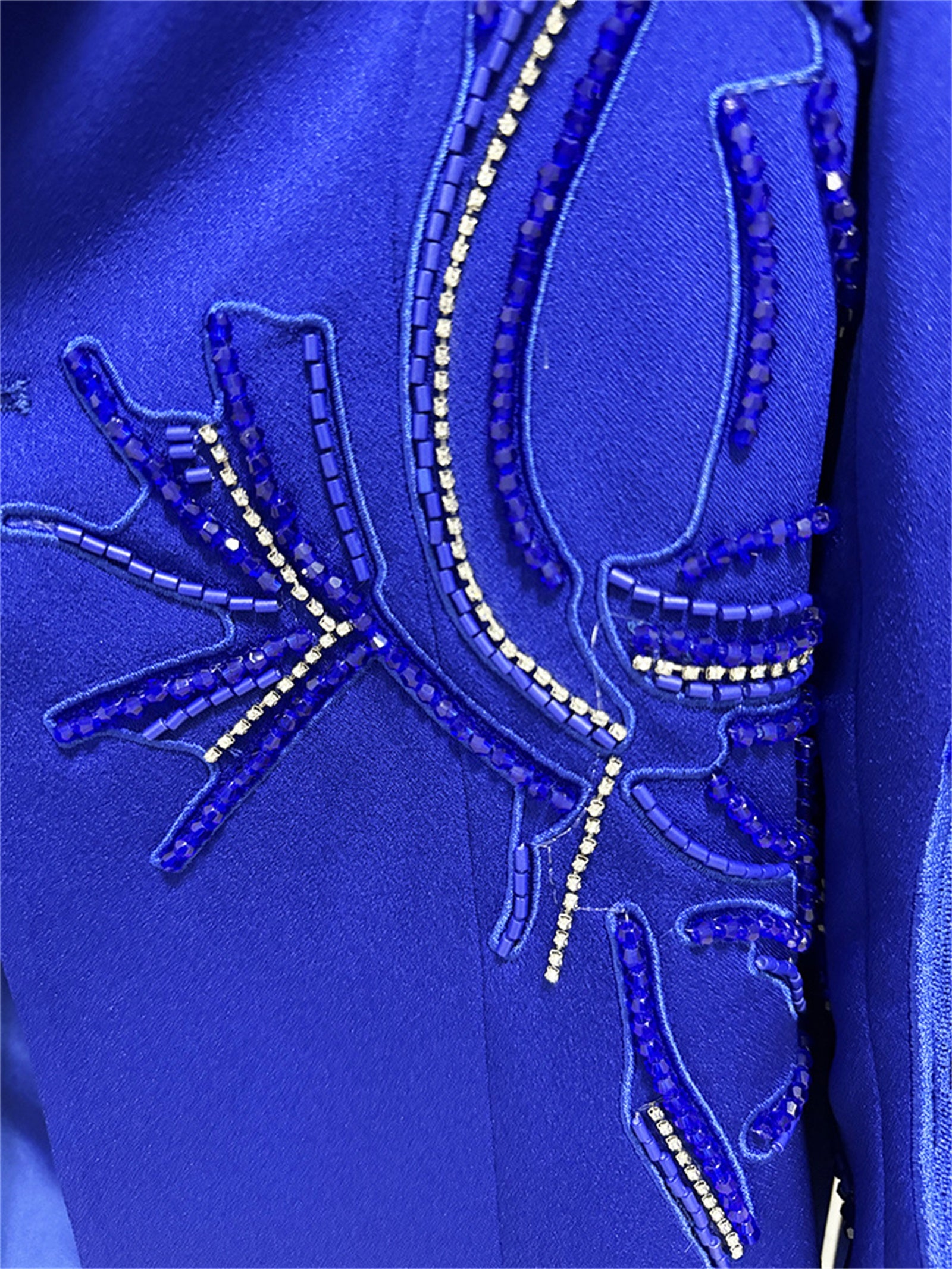 Platlogy Royal Blue Hand Beaded Blazer Wide Leg Pants Two Piece Formal Suit For Women Elegant Business Party Matching Outfit