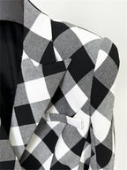 Platlogy Women Stylish Diamond Plaid Gold Button Tailored Blazer Elegant Office Casual Outerwear