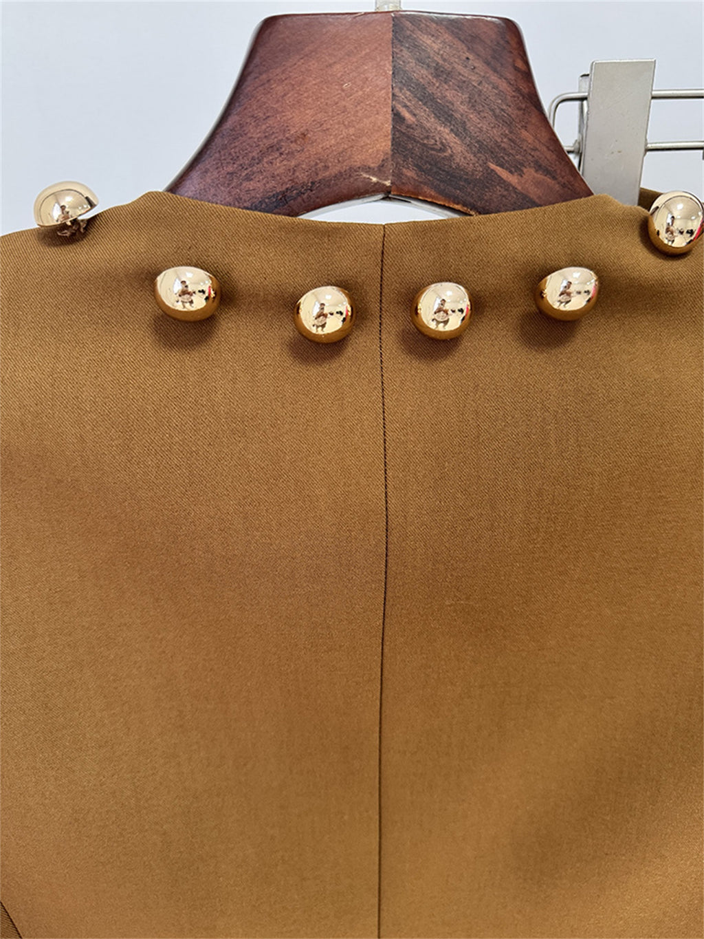 Platlogy Elegant Round Neck Gold Button Cropped Blazer Wide Leg Pant Two Piece Formal Women Suit For Work Daily Occasions