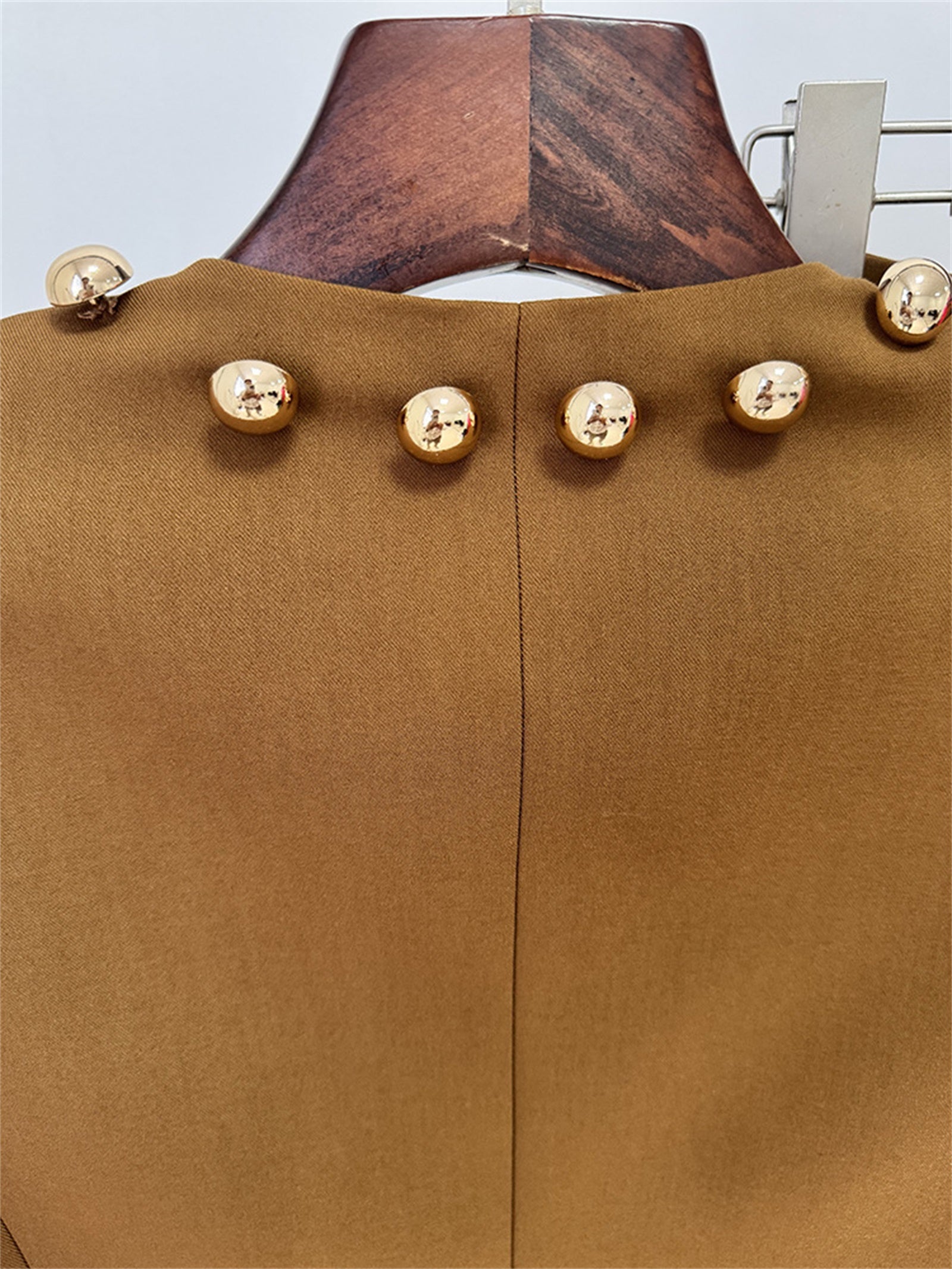 Platlogy Elegant Round Neck Gold Button Cropped Blazer Wide Leg Pant Two Piece Formal Women Suit For Work Daily Occasions