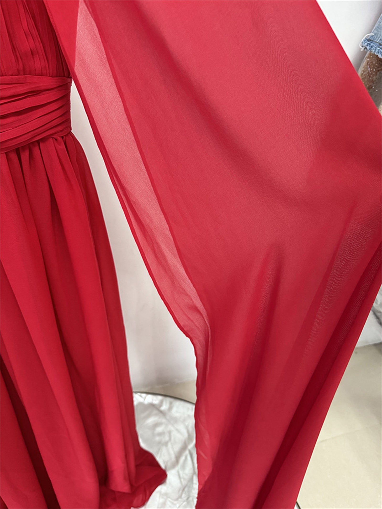Platlogy Red High Neck Cape Sleeve Chiffon Maxi Evening Dress Elegant Formal Party Gown
