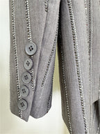 Platlogy Grey Rhinestone Stripe Double Breasted Blazer Pants Set Elegant Women Business Two Piece Suit for Work Party Daily Wear