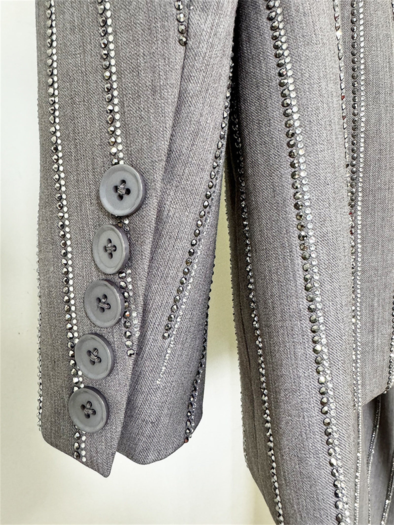 Platlogy Grey Rhinestone Stripe Double Breasted Blazer Pants Set Elegant Women Business Two Piece Suit for Work Party Daily Wear
