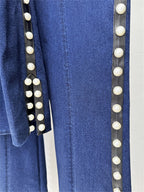 Platlogy Women Pearl Embellished Denim Blazer And Straight Pants Two Piece Suit Formal Casual Matching Outfit