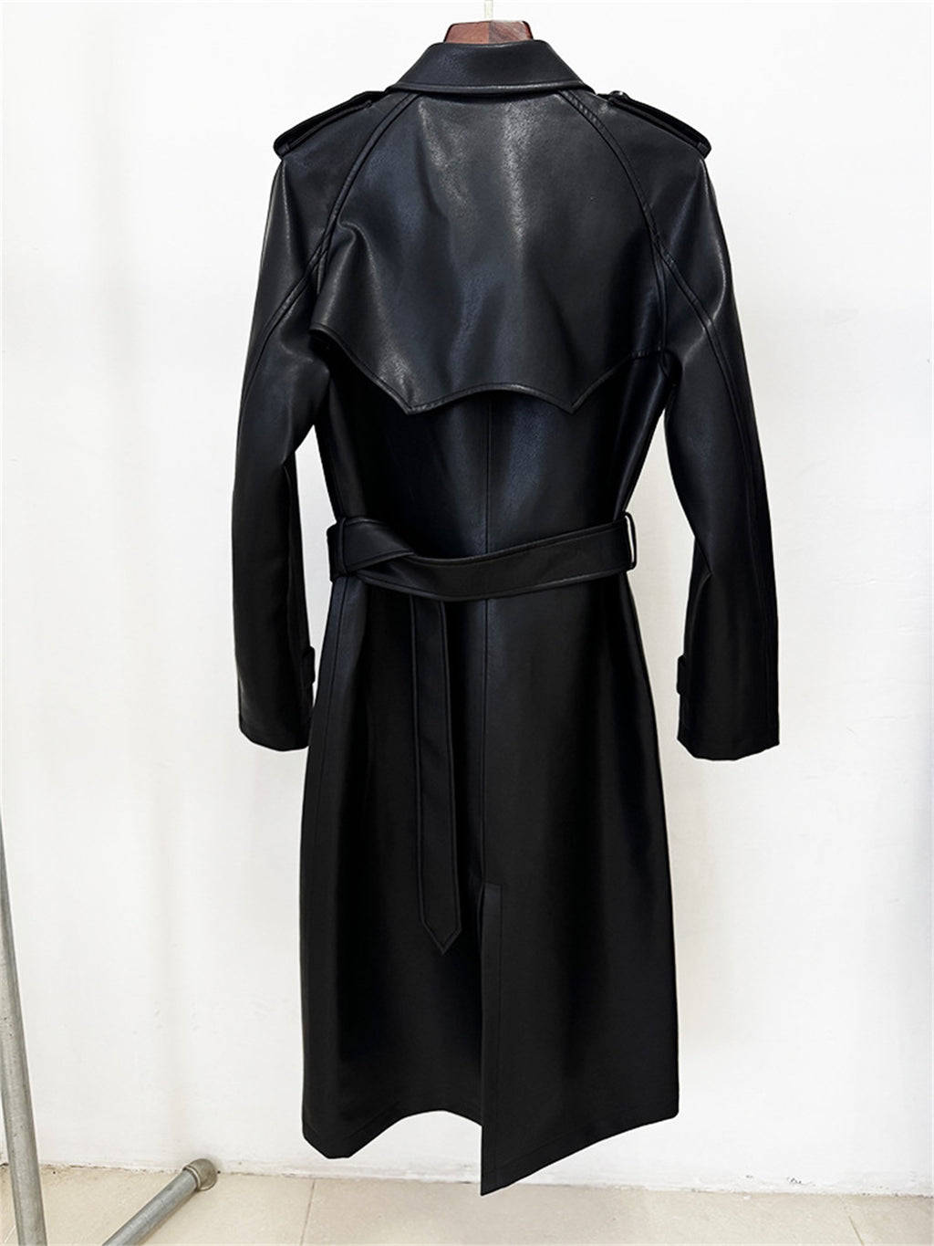 Platlogy Emerald Green Double Breasted Belted Long Leather Trench Coat For Women Elegant Fall Winter Outerwear