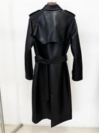 Platlogy Emerald Green Double Breasted Belted Long Leather Trench Coat For Women Elegant Fall Winter Outerwear