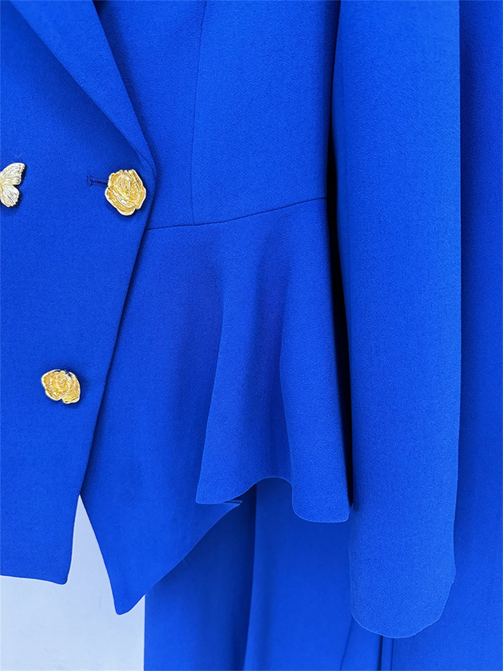 Platlogy Bright Blue Butterfly Button Blazer Wide Leg Pants Two Piece Business Suit Set For Women