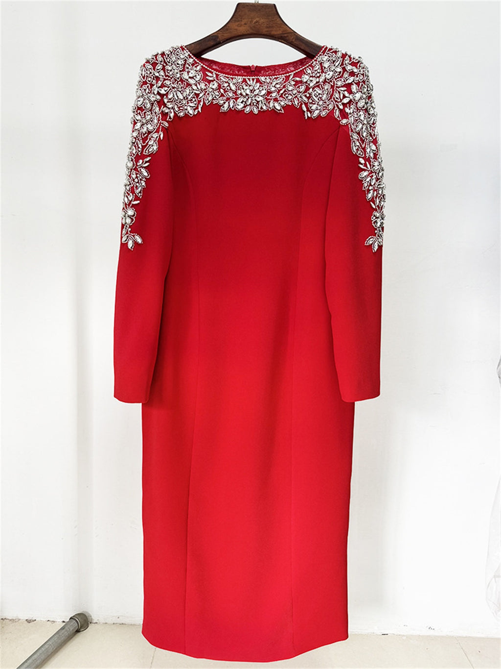 Platlogy Luxury Red Long Sleeve Midi Evening Dress Rhinestone Embellished Formal Party Wedding Guest Dress