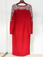 Platlogy Luxury Red Long Sleeve Midi Evening Dress Rhinestone Embellished Formal Party Wedding Guest Dress