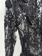 Platlogy Black Sequin Lace Blazer Straight Trouser 2 Piece Set Elegant Formal Women Pant Suit for Evening Party Business Occasions