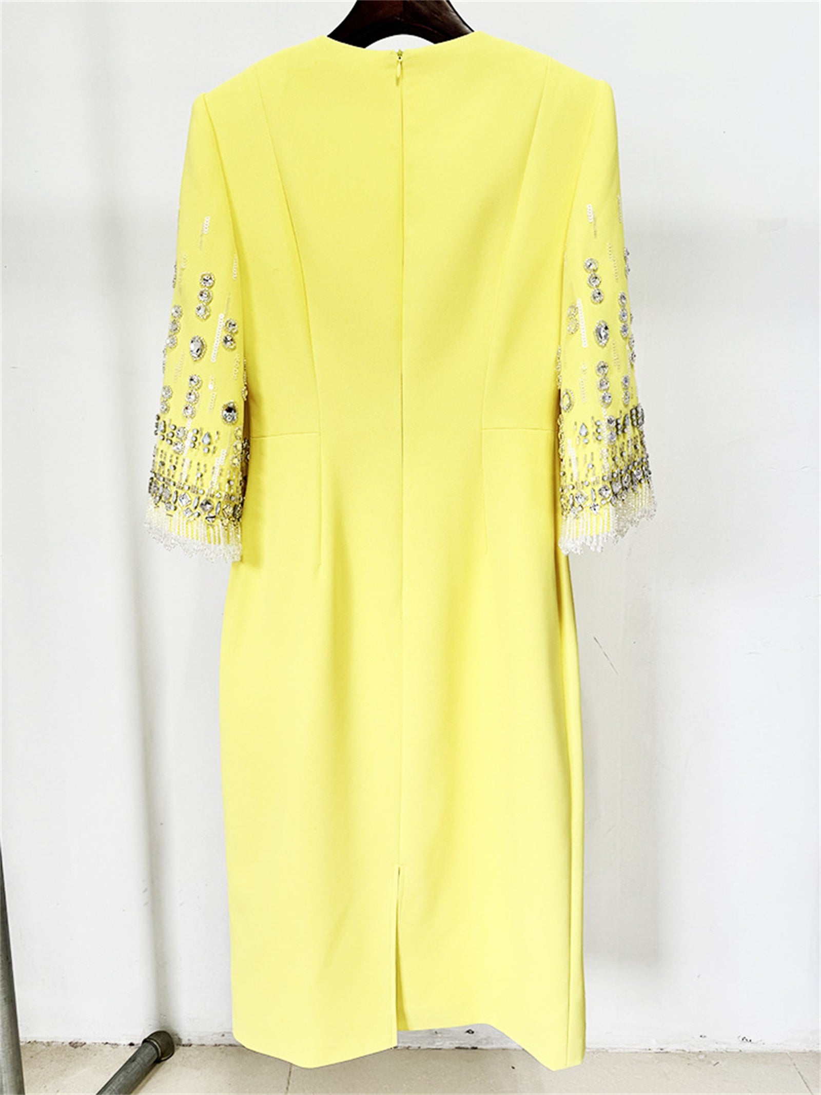 Platlogy Bright Yellow Beaded Tassel Mid Sleeve Midi Dress Elegant Formal Party Cocktail Wedding Guest Dress
